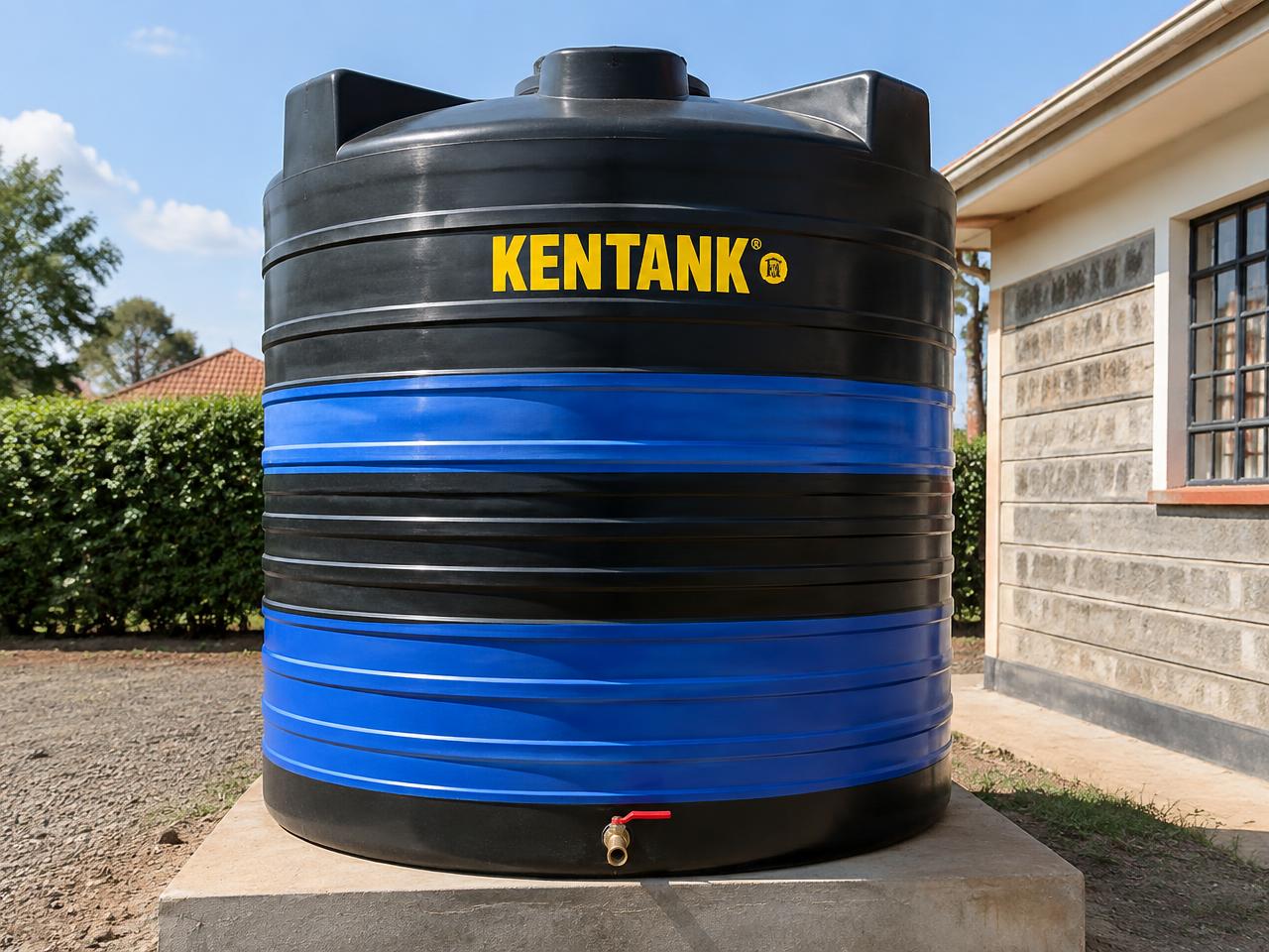 Kentank plastic water tank installed outside a home in Kenya
